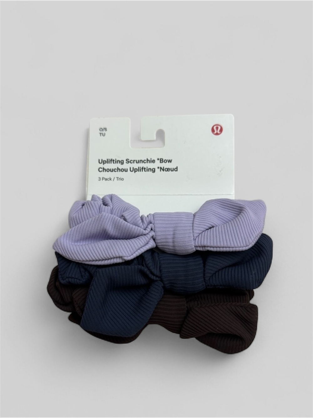 Lululemon Uplifting Scrunchies Bow 3 Pack - Dark Coffee Shale Blue Lilac NWT